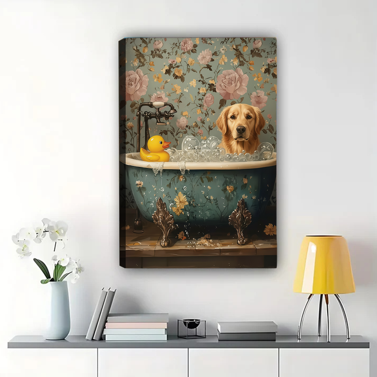 Dog in Bathtub with Rubber Duck Wall Art - Bathroom Decor