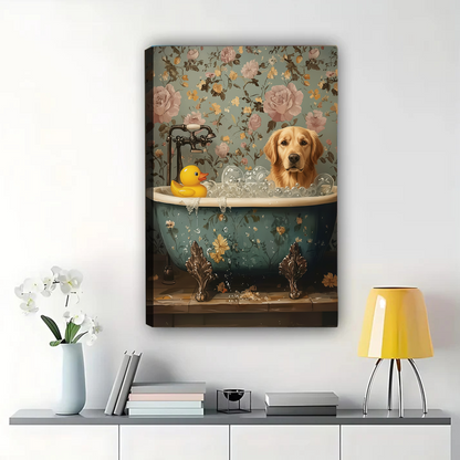 Dog in Bathtub with Rubber Duck Wall Art - Bathroom Decor