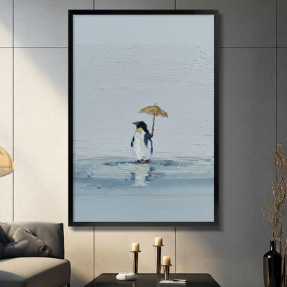 Lonely Penguin Umbrella Oil Painting Canvas Wall Art