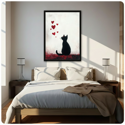 Black Cat Red Hearts Romantic Canvas Wall Art