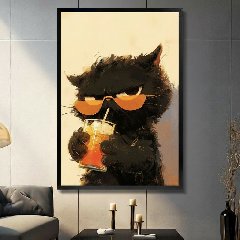 Cool Black Cat Iced Drink Impasto Canvas Wall Art