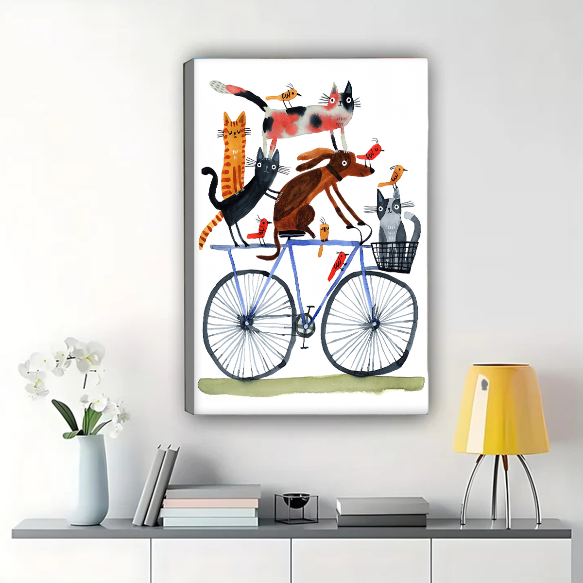 Animals on Bicycle Wall Art - Whimsical Cats Dogs Birds Print