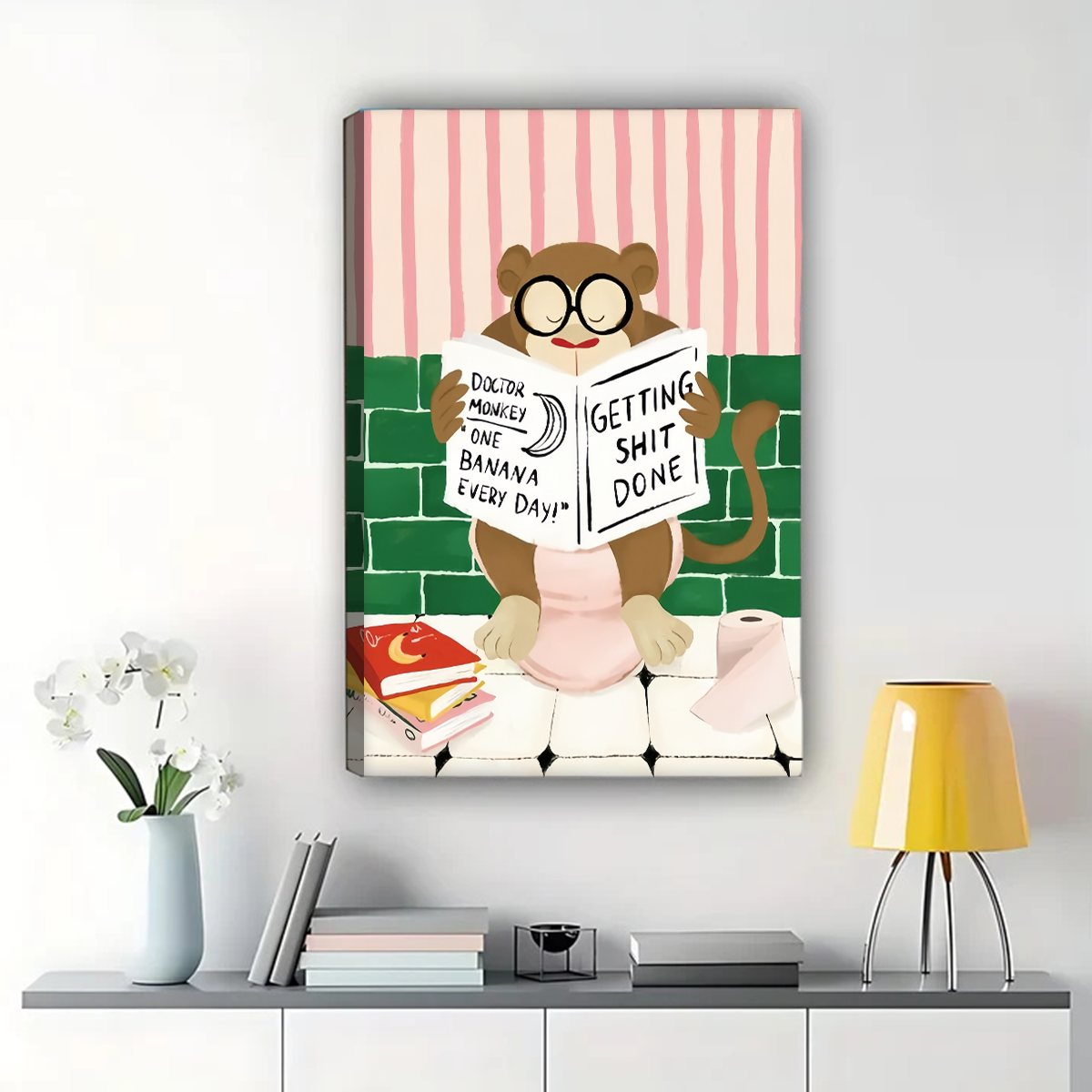 Monkey Reading in Bathroom Wall Art - Funny Motivational Print