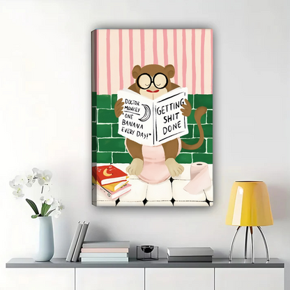 Monkey Reading in Bathroom Wall Art - Funny Motivational Print
