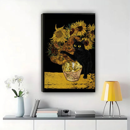 Black Cat with Sunflowers – Van Gogh Inspired Cat Wall Art on Natural Wood Canvas
