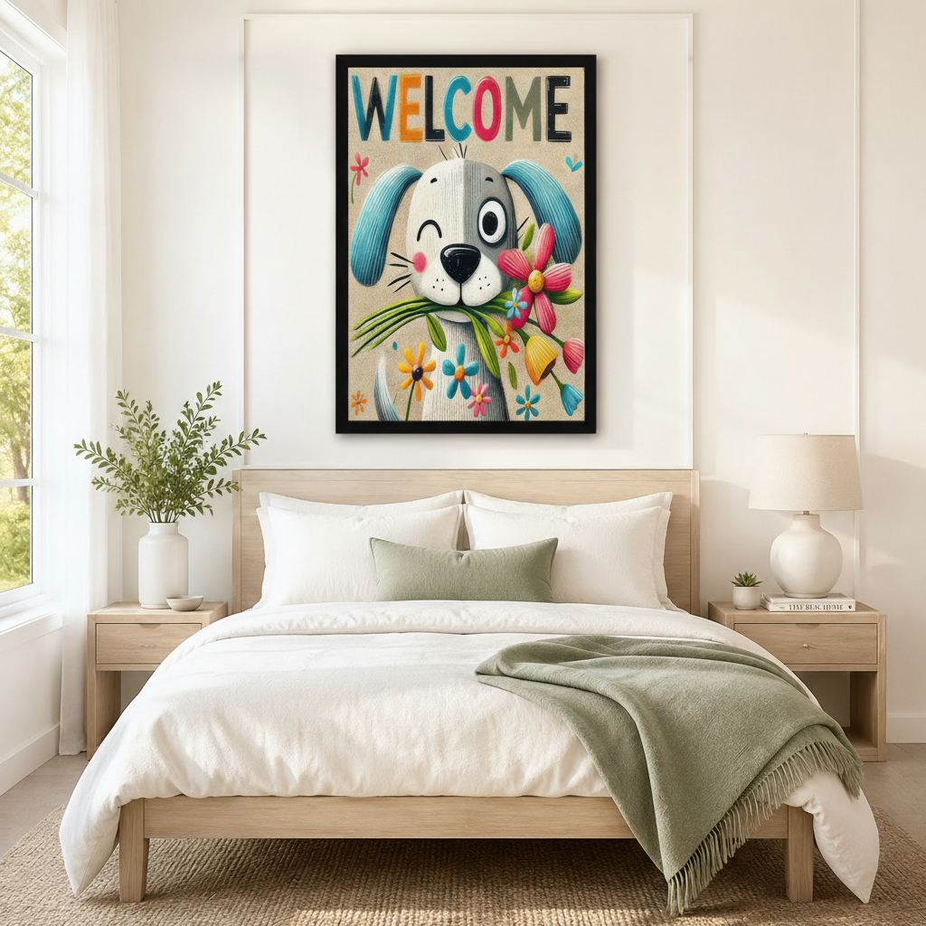 Welcome Dog Floral Colorful Canvas Wall Art
