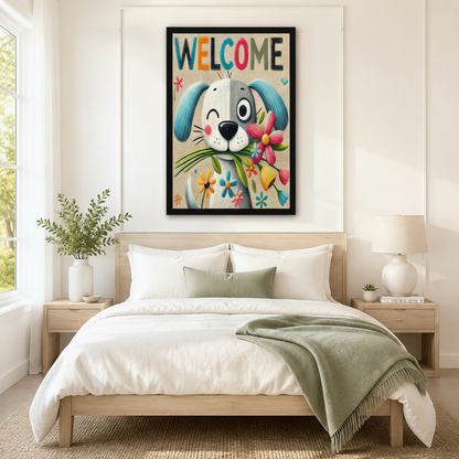 Welcome Dog Floral Colorful Canvas Wall Art
