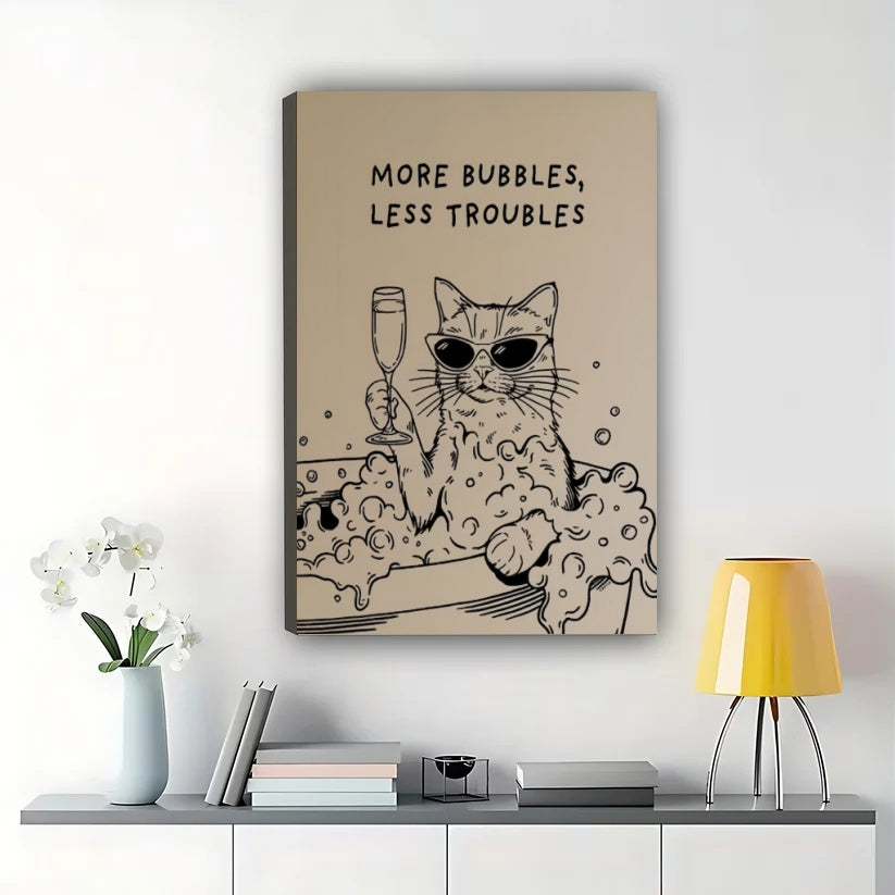 Make Yourself Less Troubles Sassy Black Cat – Humorous Bathroom Wall Art on Natural Wood Canvas