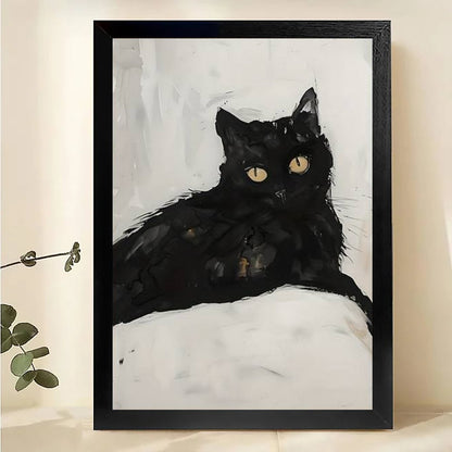 The Lazy Monochrome Black Cat – Minimalist Art Wall Decor on Natural Wood Canvas
