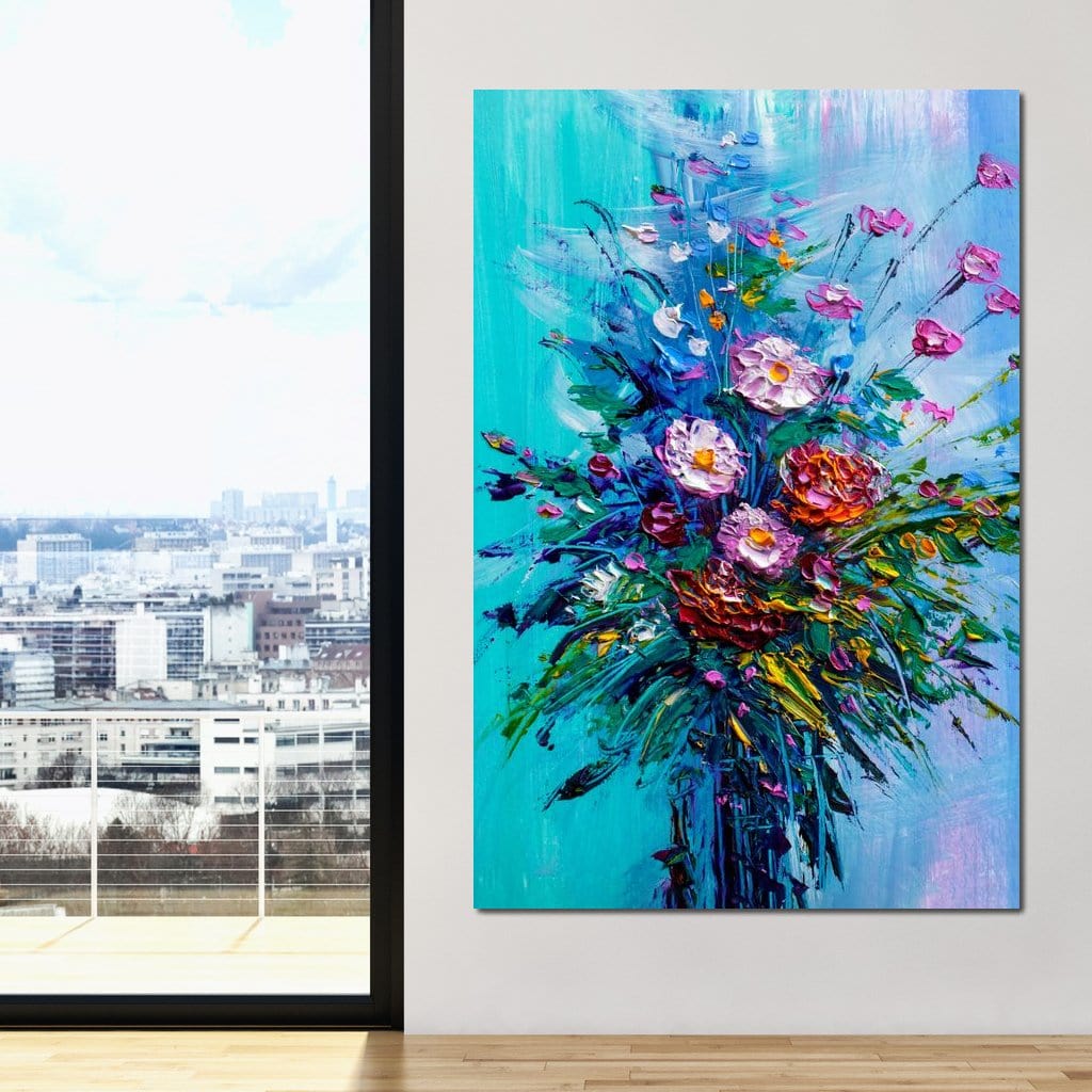 Bouquet of Flowers on Blue Background Canvas Wall Art
