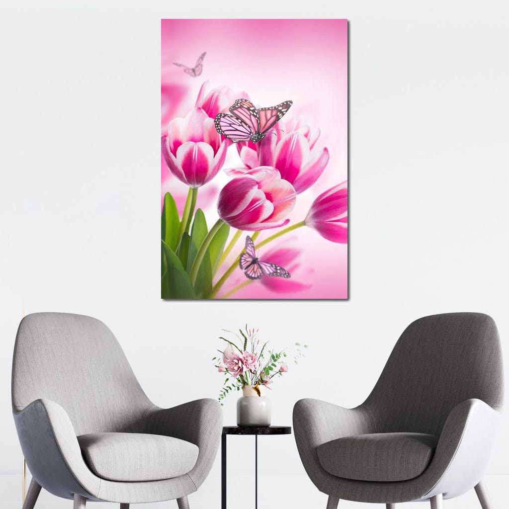 Bouquet of Pink Tulips & Butterflies Canvas Wall Art