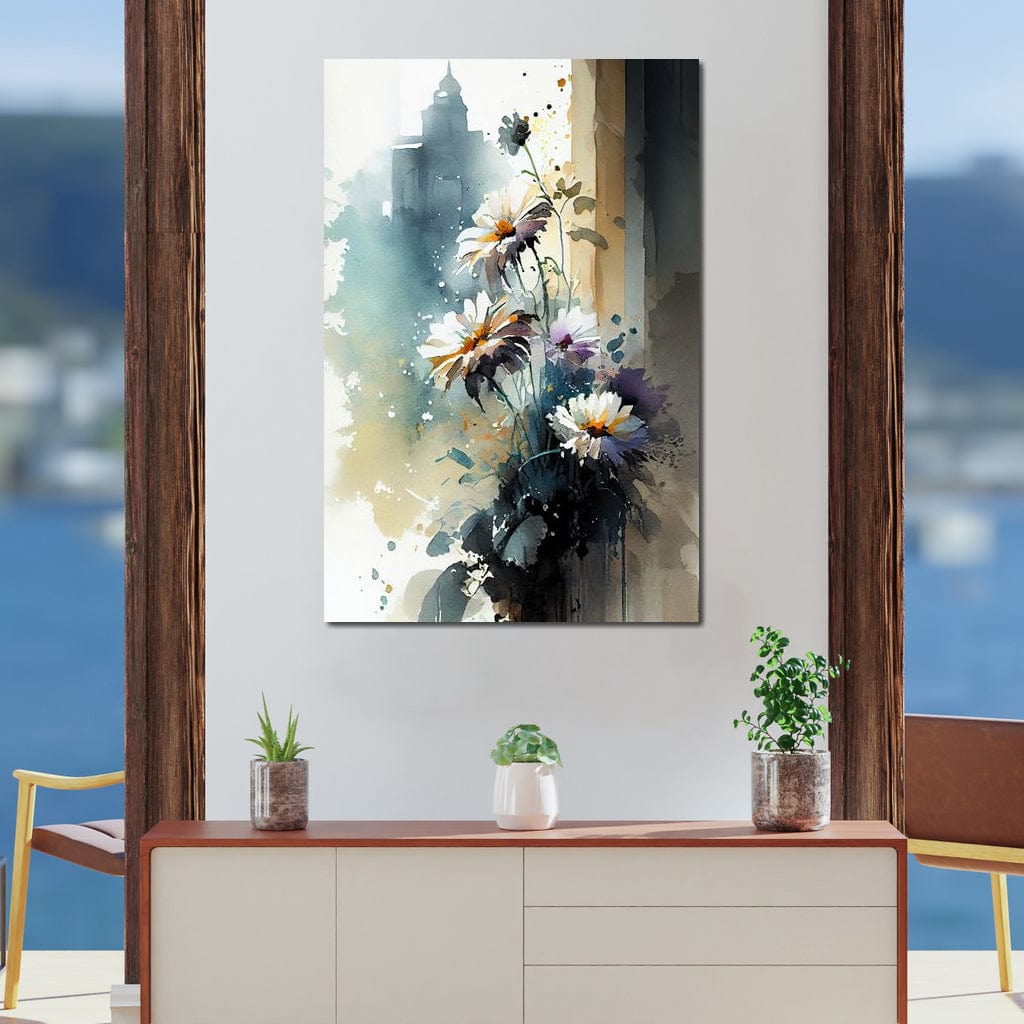 White & Teal Watercolor Flowers Canvas Wall Art