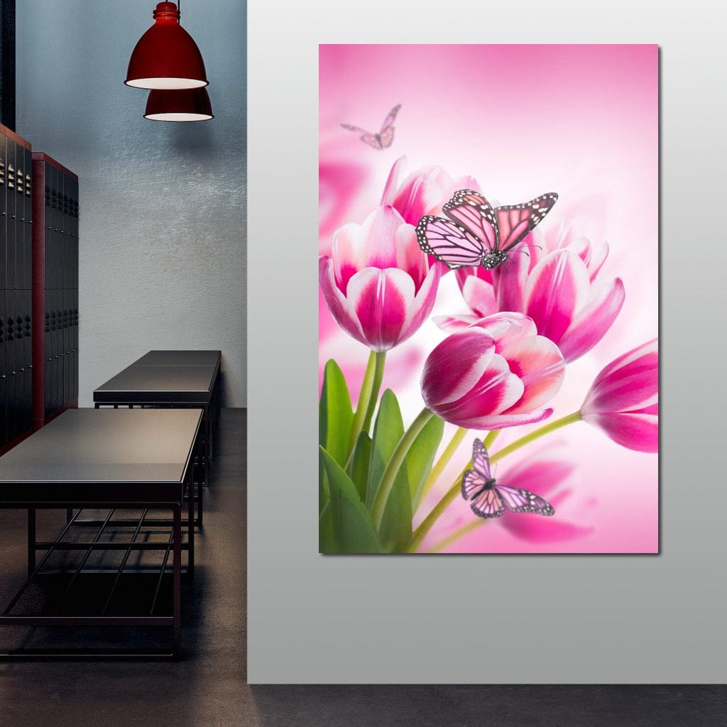 Bouquet of Pink Tulips & Butterflies Canvas Wall Art
