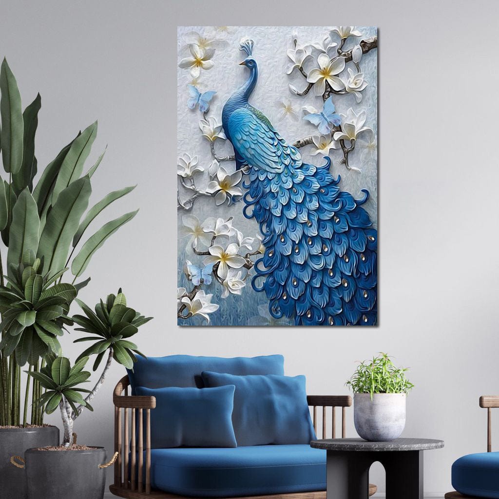 Blue Peacock Flower 1 panel Left Canvas Wall Art