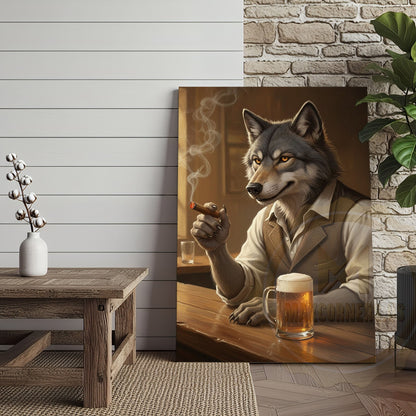 Wolf Gentleman Smoking Cigar and Drinking Beer in Rustic Bar Wrapped Canvas Wall Art