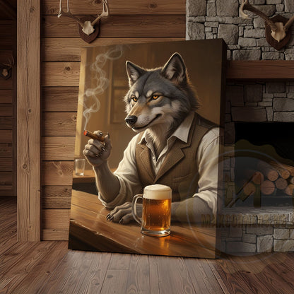 Wolf Gentleman Smoking Cigar and Drinking Beer in Rustic Bar Wrapped Canvas Wall Art