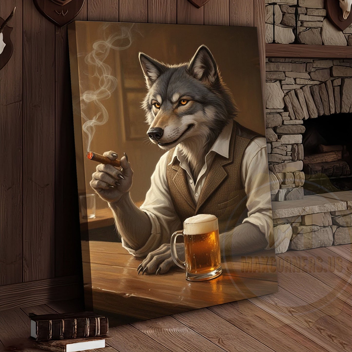 Wolf Gentleman Smoking Cigar and Drinking Beer in Rustic Bar Wrapped Canvas Wall Art