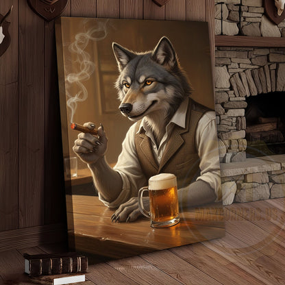 Wolf Gentleman Smoking Cigar and Drinking Beer in Rustic Bar Wrapped Canvas Wall Art