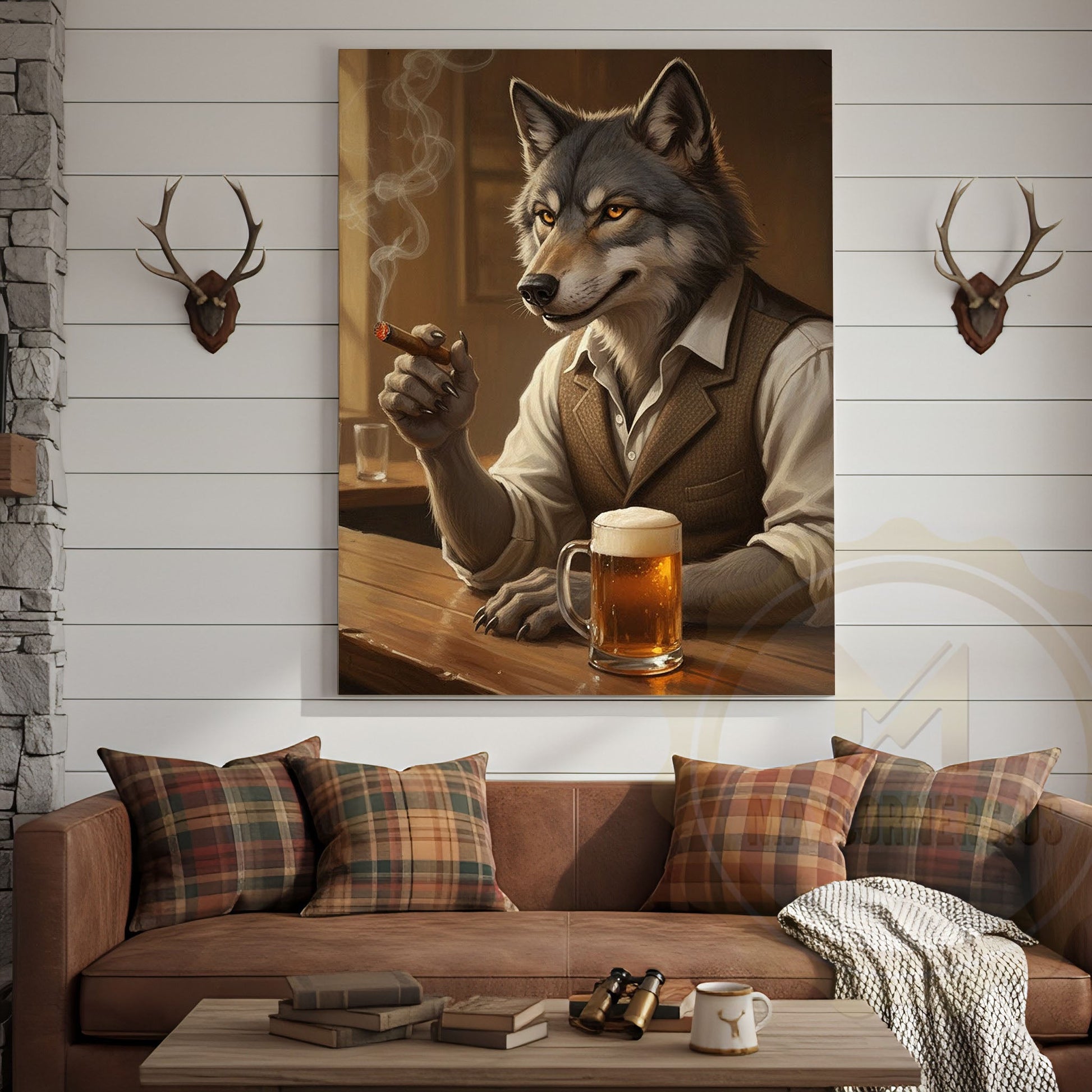 Wolf Gentleman Smoking Cigar and Drinking Beer in Rustic Bar Wrapped Canvas Wall Art