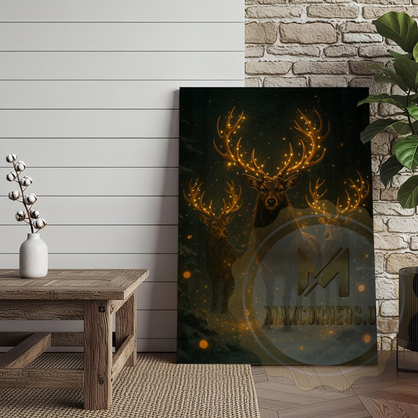 Festive Deer Herd Canvas Wall Art - Glowing Antler Holiday Decor