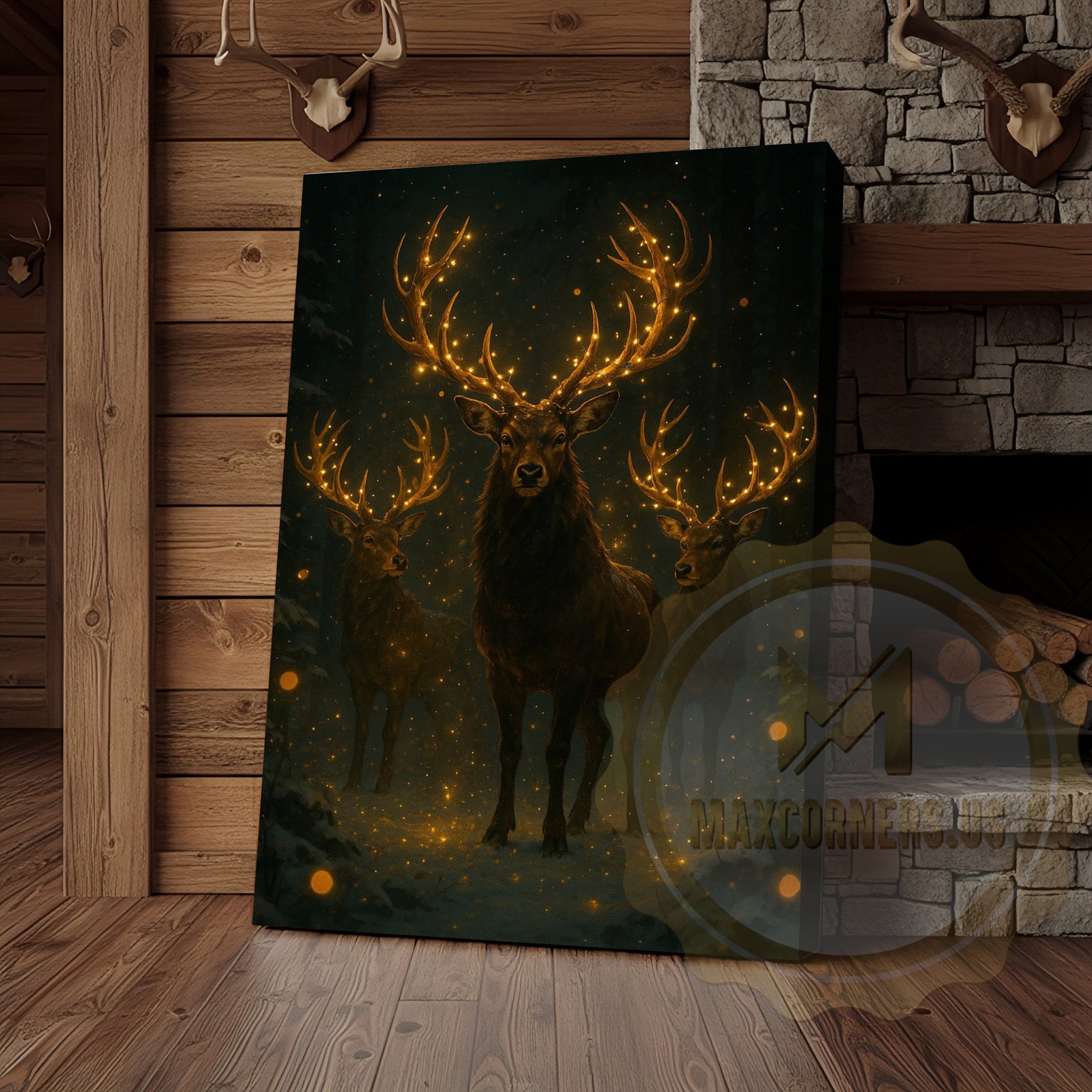 Festive Deer Herd Canvas Wall Art - Glowing Antler Holiday Decor