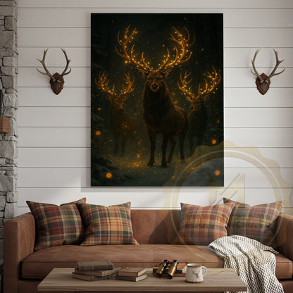 Festive Deer Herd Canvas Wall Art - Glowing Antler Holiday Decor