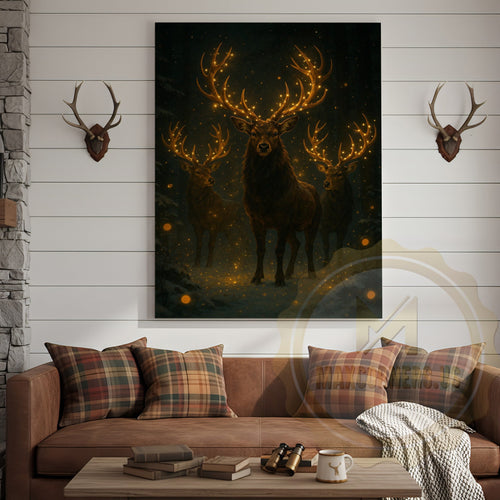 Festive Deer Herd Canvas Wall Art - Glowing Antler Holiday Decor