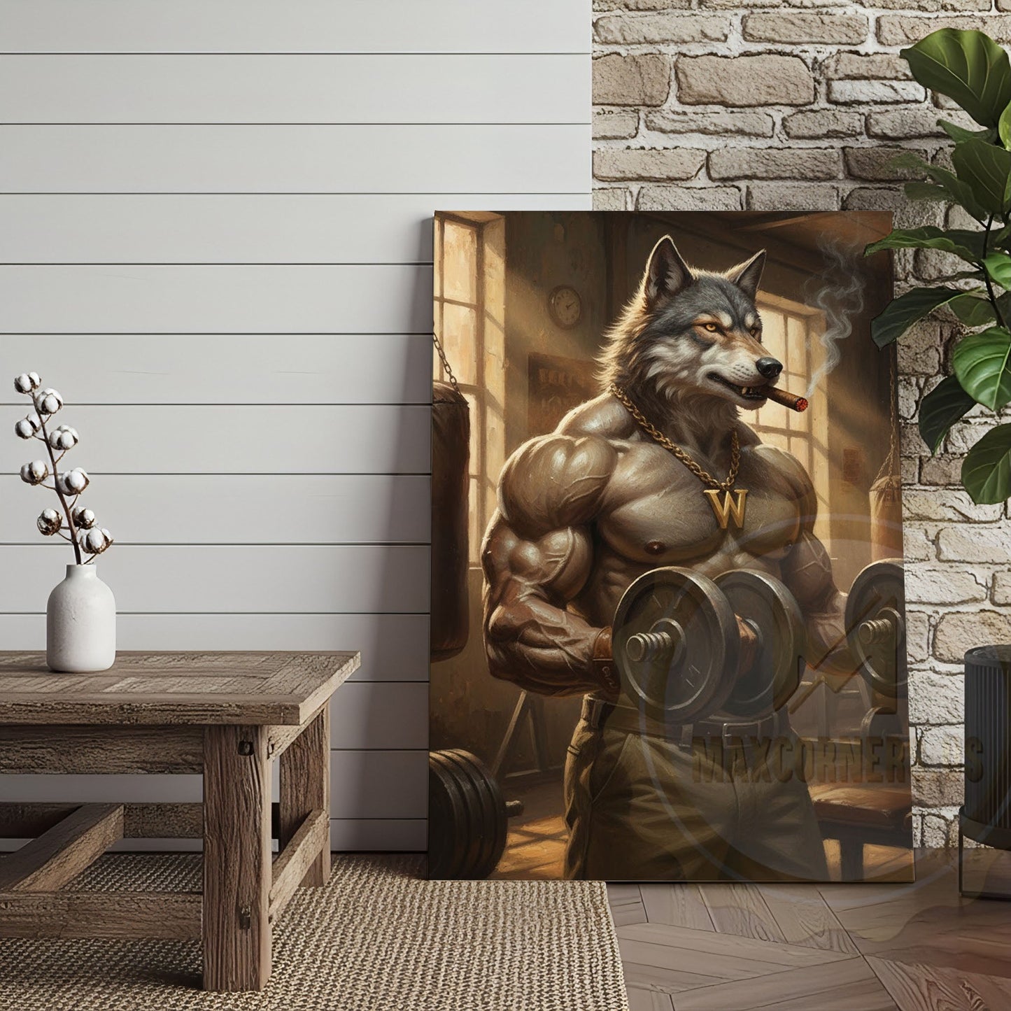 Muscular Wolf Bodybuilder Lifting Dumbbells in Vintage Gym with Smoke and Light Beams Wrapped Canvas Wall Art