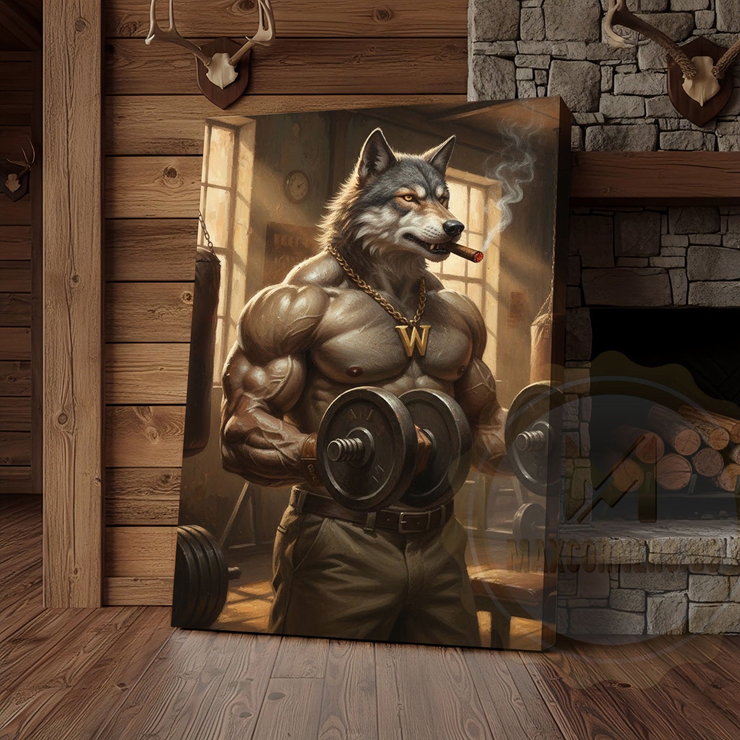 Muscular Wolf Bodybuilder Lifting Dumbbells in Vintage Gym with Smoke and Light Beams Wrapped Canvas Wall Art