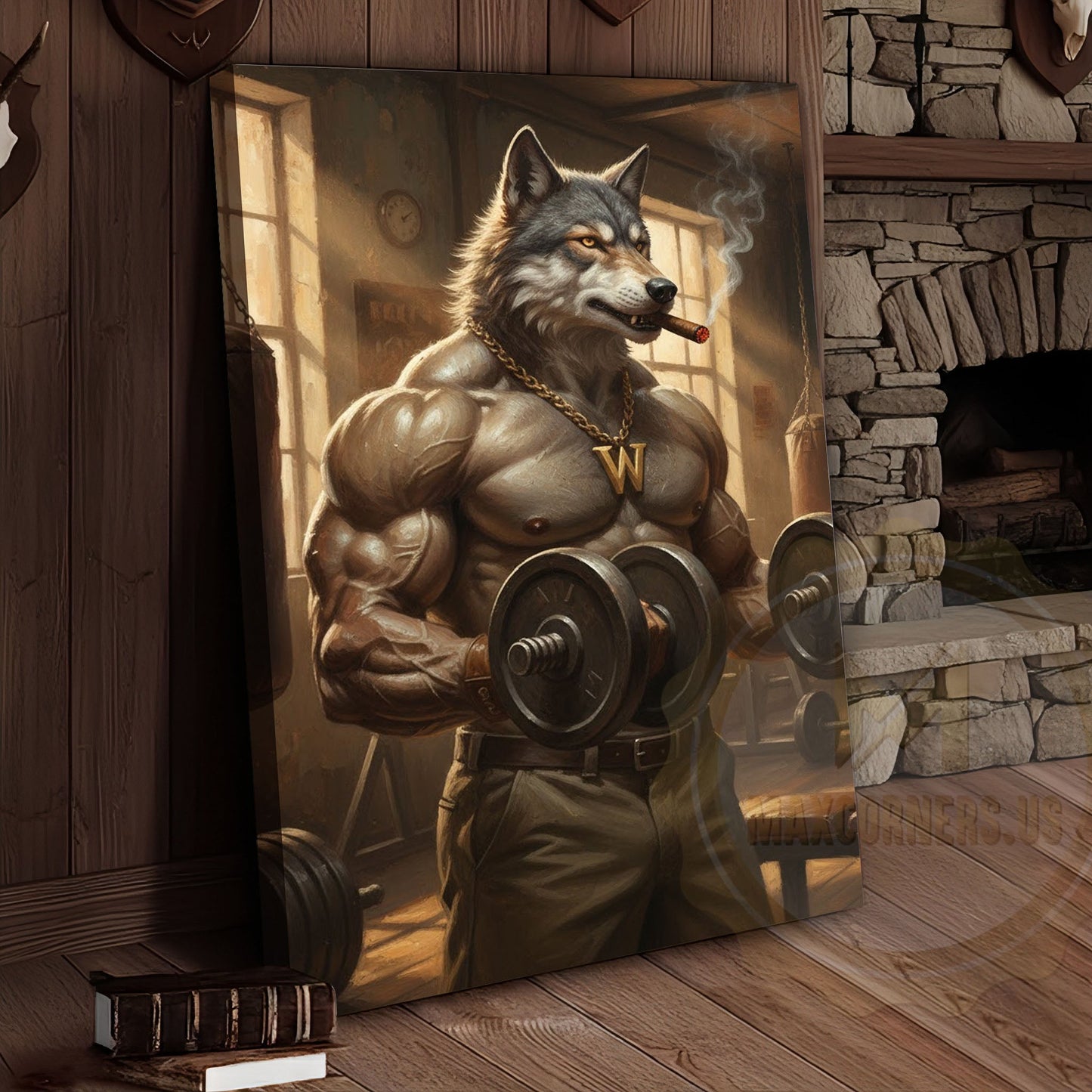 Muscular Wolf Bodybuilder Lifting Dumbbells in Vintage Gym with Smoke and Light Beams Wrapped Canvas Wall Art