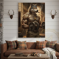 Muscular Wolf Bodybuilder Lifting Dumbbells in Vintage Gym with Smoke and Light Beams Wrapped Canvas Wall Art