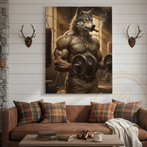 Muscular Wolf Bodybuilder Lifting Dumbbells in Vintage Gym with Smoke and Light Beams Wrapped Canvas Wall Art