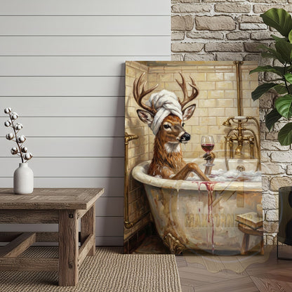 Funny Deer Bathtub Canvas Wall Art - Wine Sipping Bathroom Humor