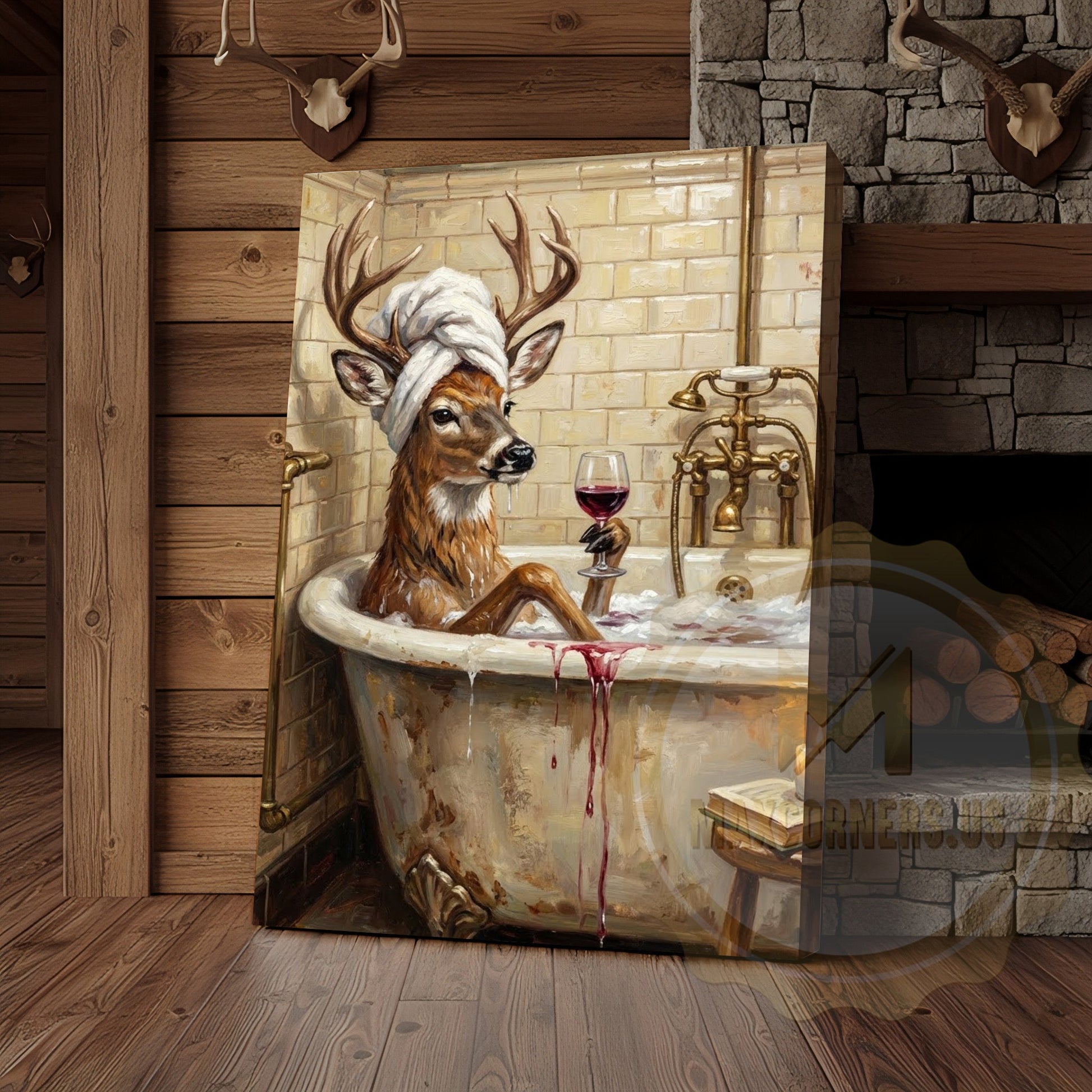 Funny Deer Bathtub Canvas Wall Art - Wine Sipping Bathroom Humor