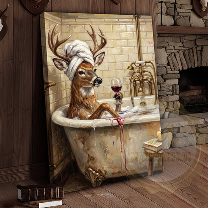 Funny Deer Bathtub Canvas Wall Art - Wine Sipping Bathroom Humor