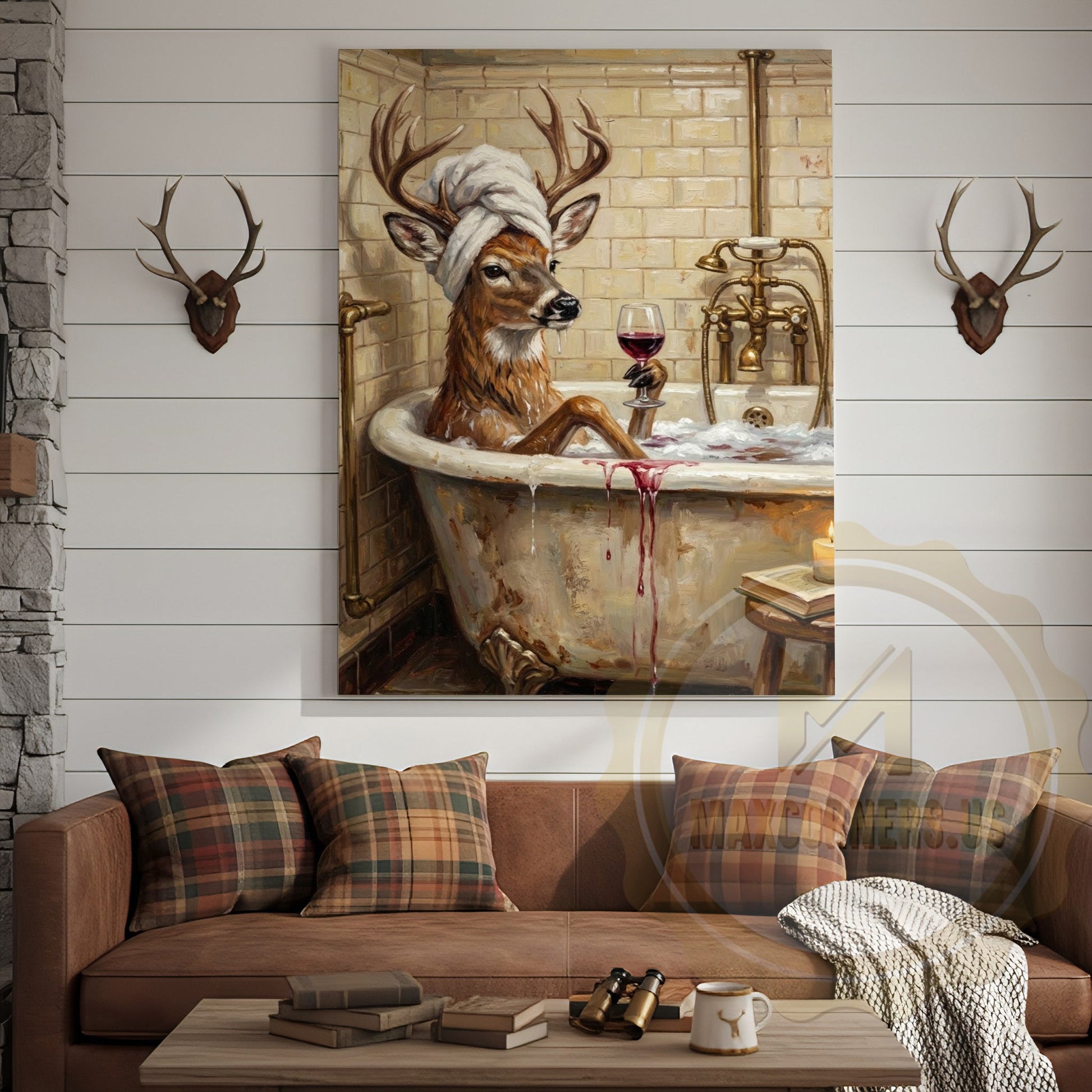 Funny Deer Bathtub Canvas Wall Art - Wine Sipping Bathroom Humor