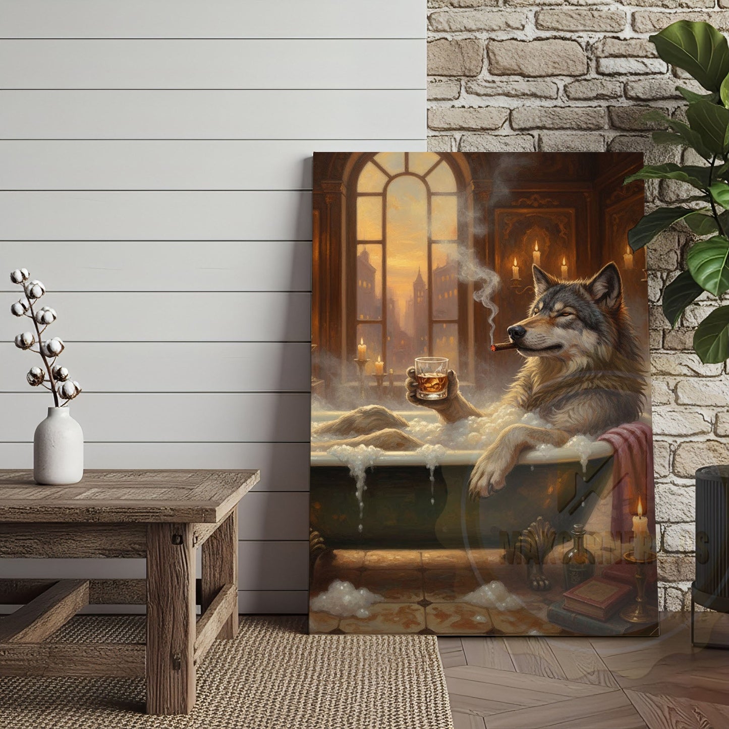 Relaxed Wolf in Bathtub with Whiskey and Cigar at Golden Sunset Wrapped Canvas Wall Art
