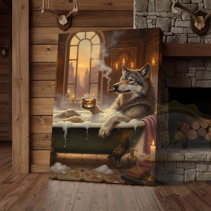 Relaxed Wolf in Bathtub with Whiskey and Cigar at Golden Sunset Wrapped Canvas Wall Art