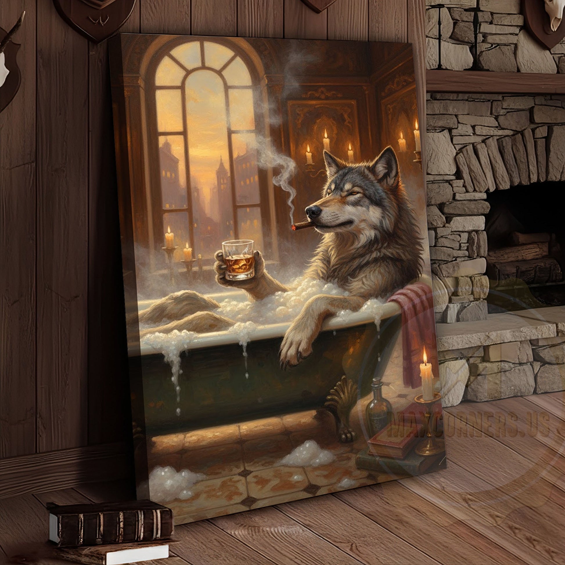 Relaxed Wolf in Bathtub with Whiskey and Cigar at Golden Sunset Wrapped Canvas Wall Art