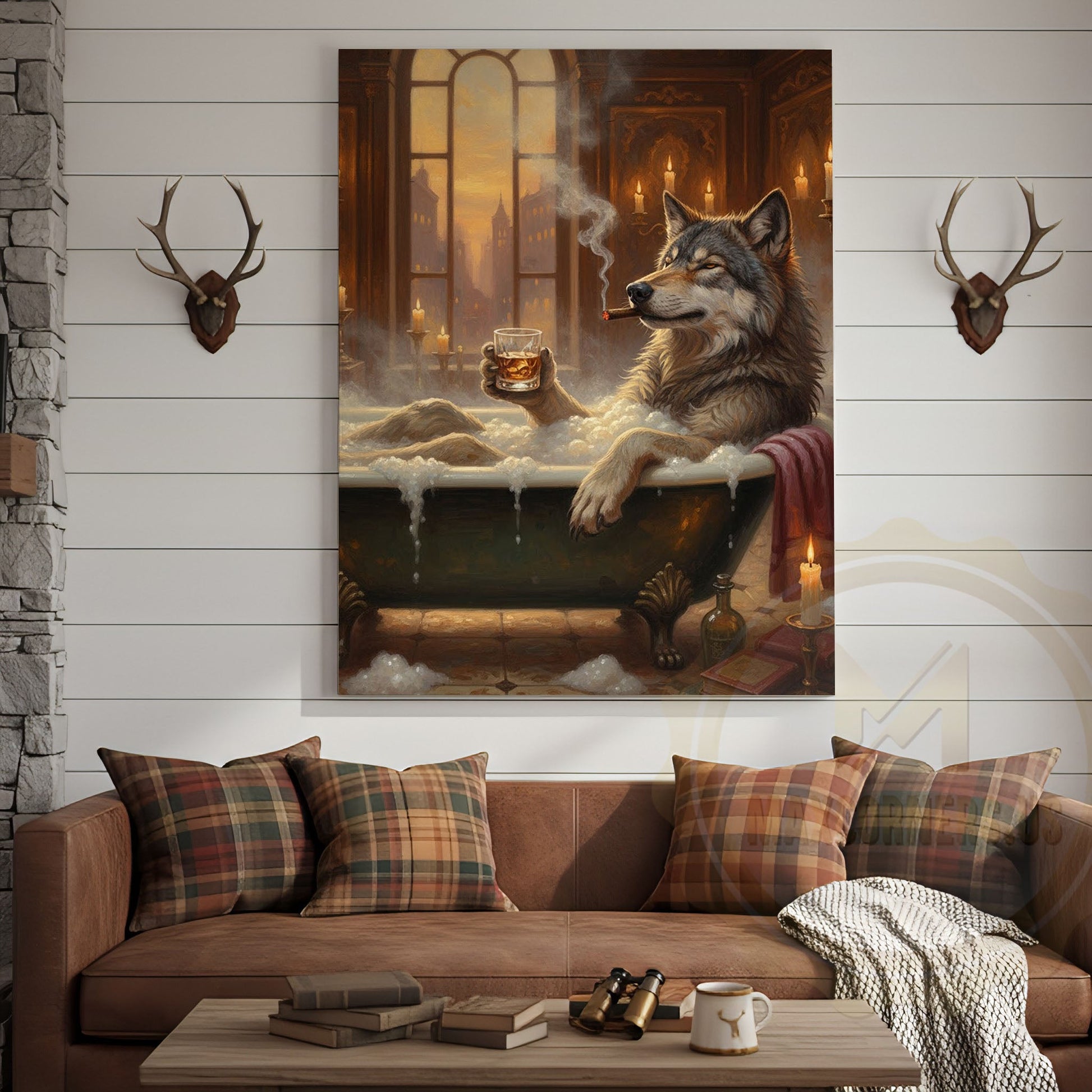 Relaxed Wolf in Bathtub with Whiskey and Cigar at Golden Sunset Wrapped Canvas Wall Art