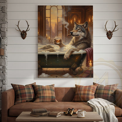 Relaxed Wolf in Bathtub with Whiskey and Cigar at Golden Sunset Wrapped Canvas Wall Art