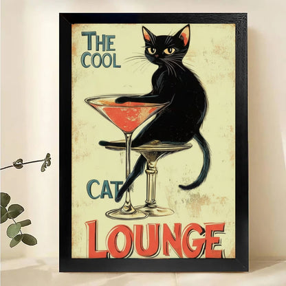 The Cool Cat Lounge Vintage Poster – Retro Black Cat Martini Wall Art