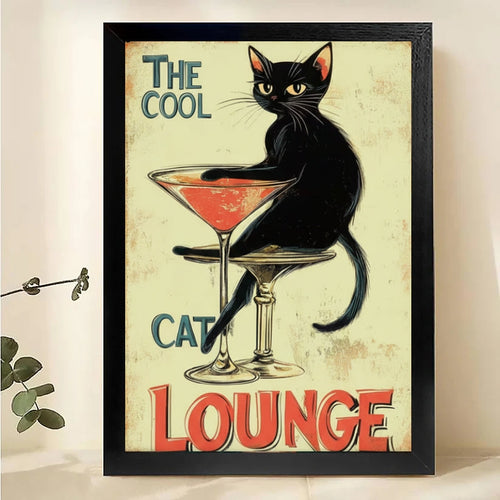 The Cool Cat Lounge Vintage Poster – Retro Black Cat Martini Wall Art