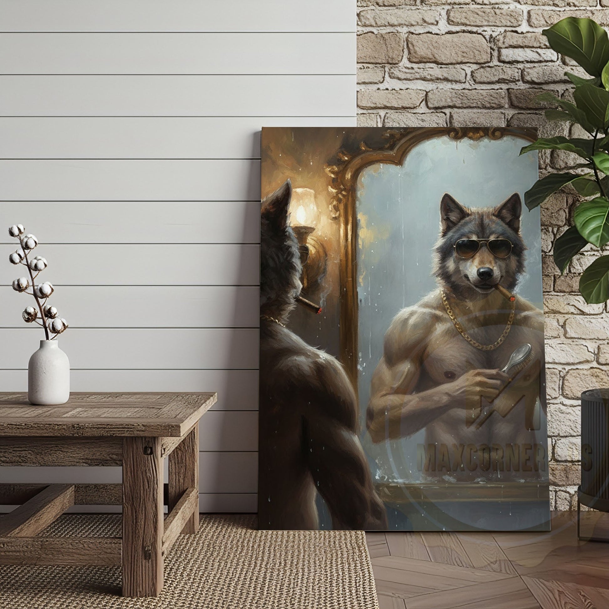 Wolf Grooming in Mirror with Gold Chain and Sunglasses Wrapped Canvas Wall Art