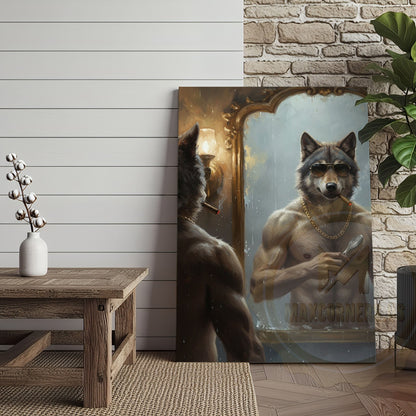 Wolf Grooming in Mirror with Gold Chain and Sunglasses Wrapped Canvas Wall Art