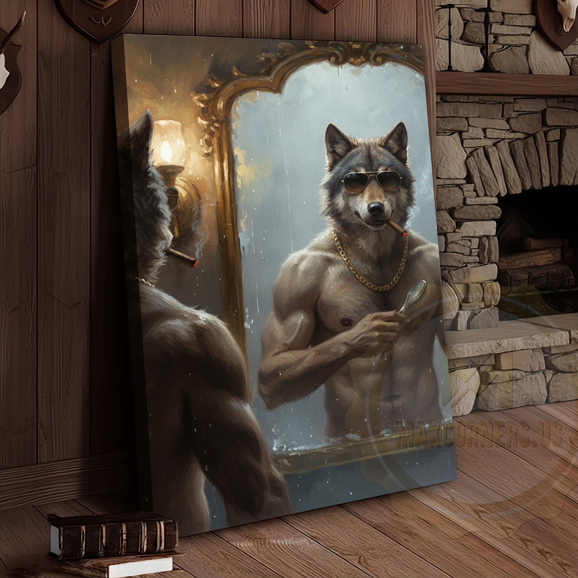 Wolf Grooming in Mirror with Gold Chain and Sunglasses Wrapped Canvas Wall Art