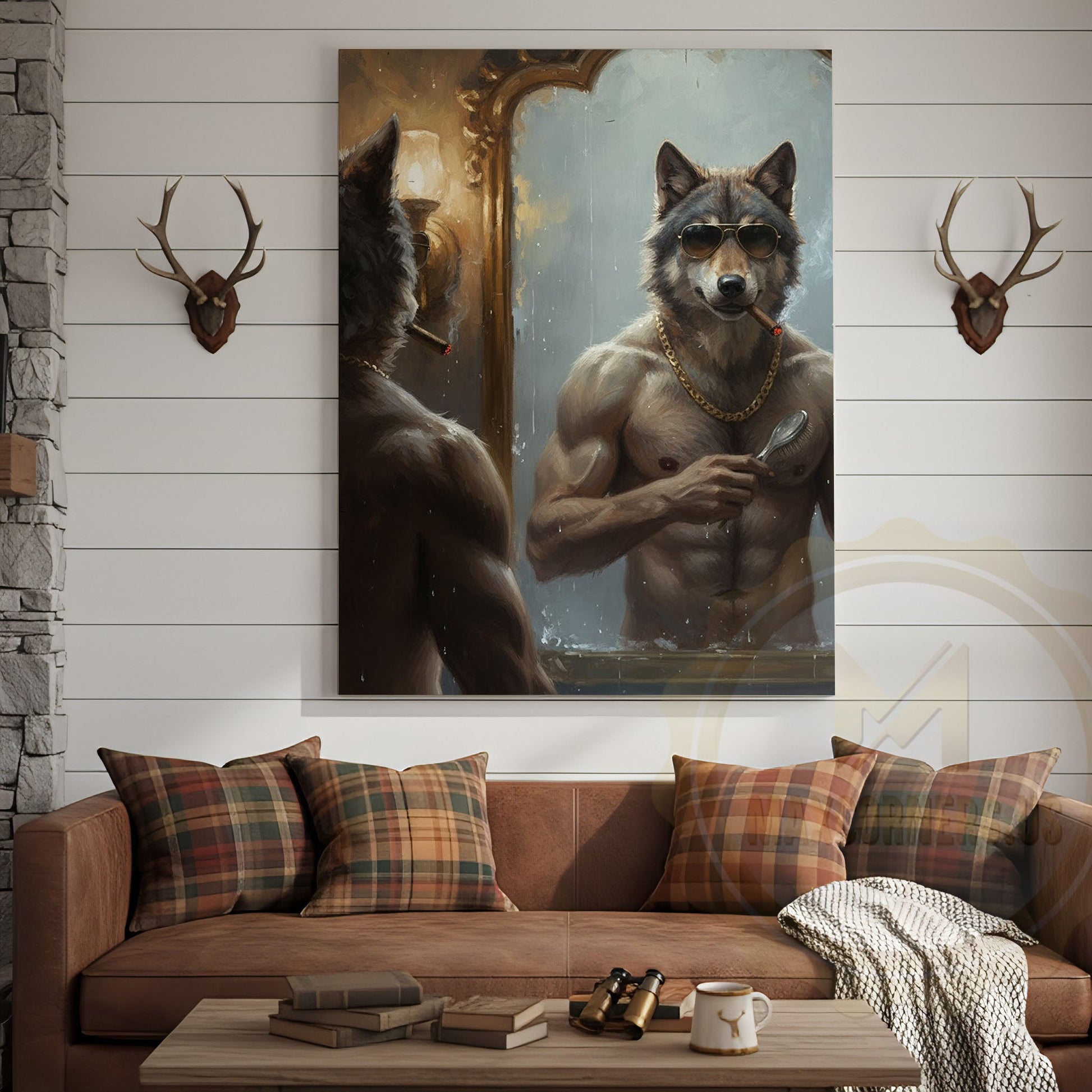 Wolf Grooming in Mirror with Gold Chain and Sunglasses Wrapped Canvas Wall Art