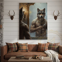 Wolf Grooming in Mirror with Gold Chain and Sunglasses Wrapped Canvas Wall Art