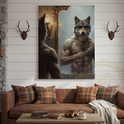 Wolf Grooming in Mirror with Gold Chain and Sunglasses Wrapped Canvas Wall Art