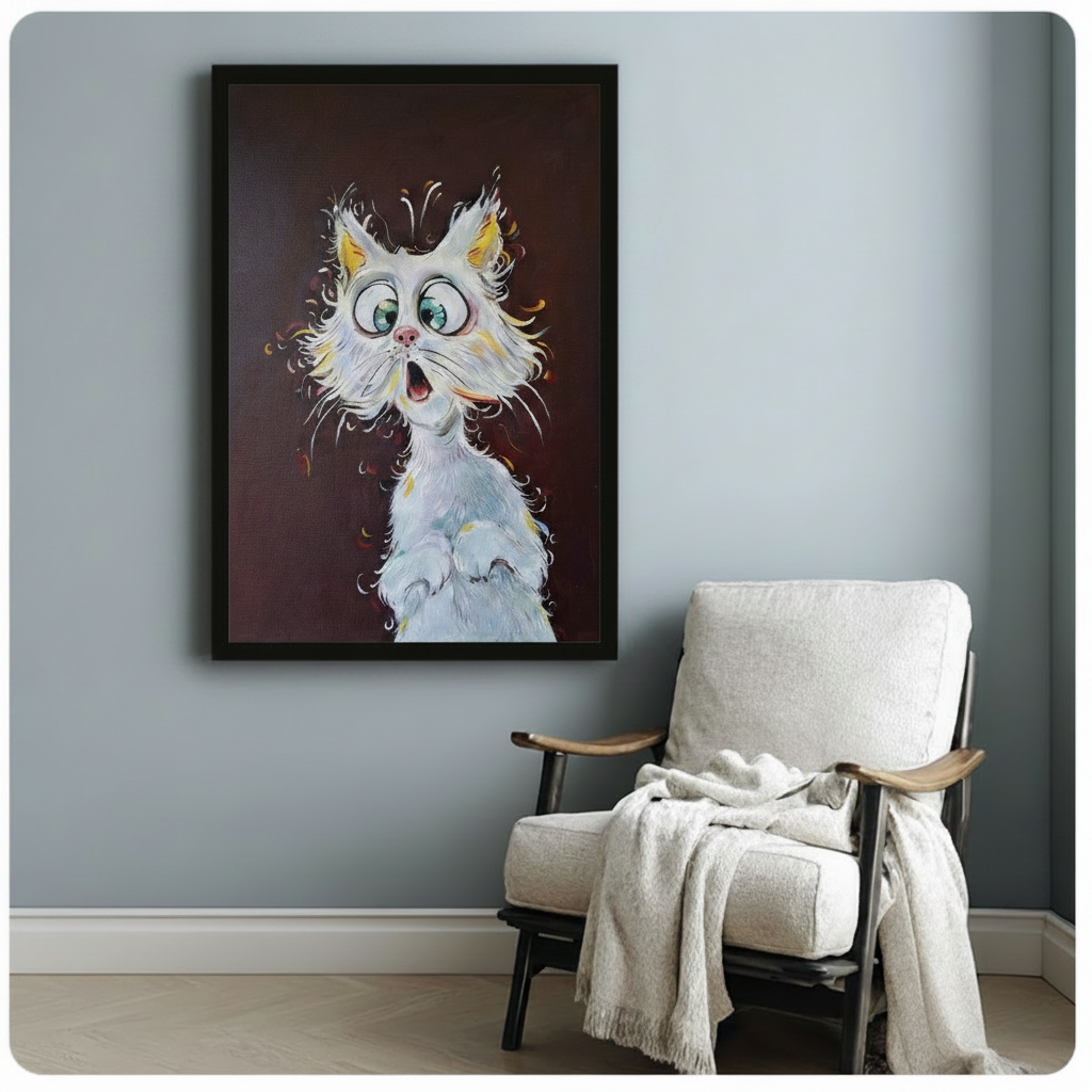 Shocked White Cat Big Eyes Funny Cartoon Oil Painting Canvas Art
